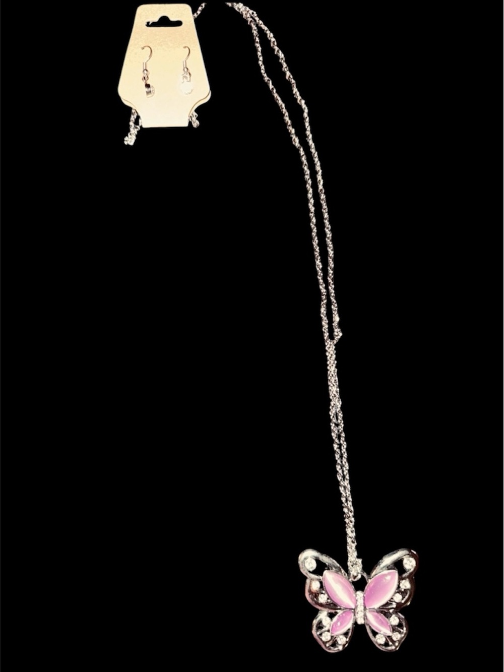 Silver Butterfly Pendant Necklace with Pink Enamel with earrings